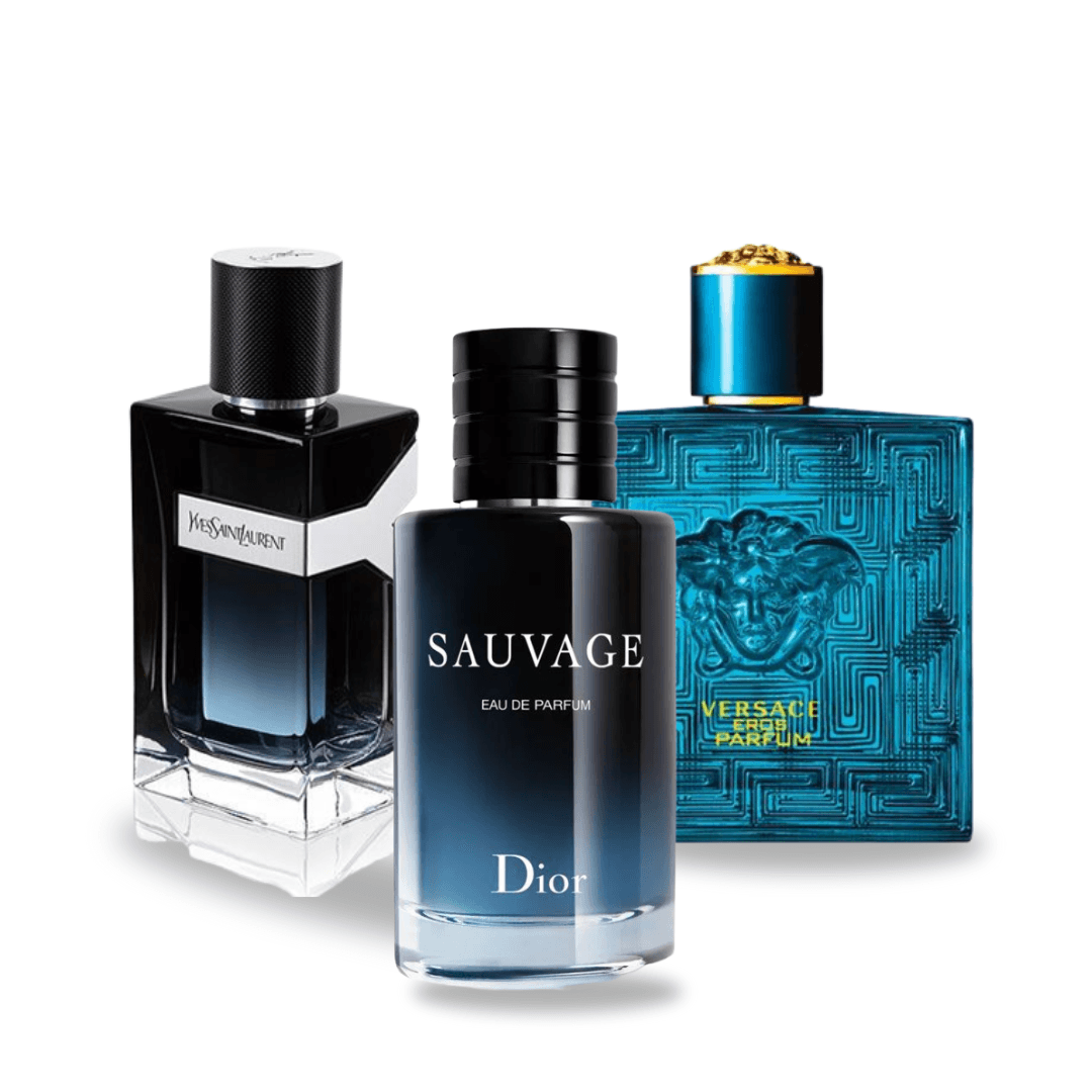 Kit 3 perfumes Dior SAUVAGE, Yves Saint Laurent Y MEN y Versace EROS 