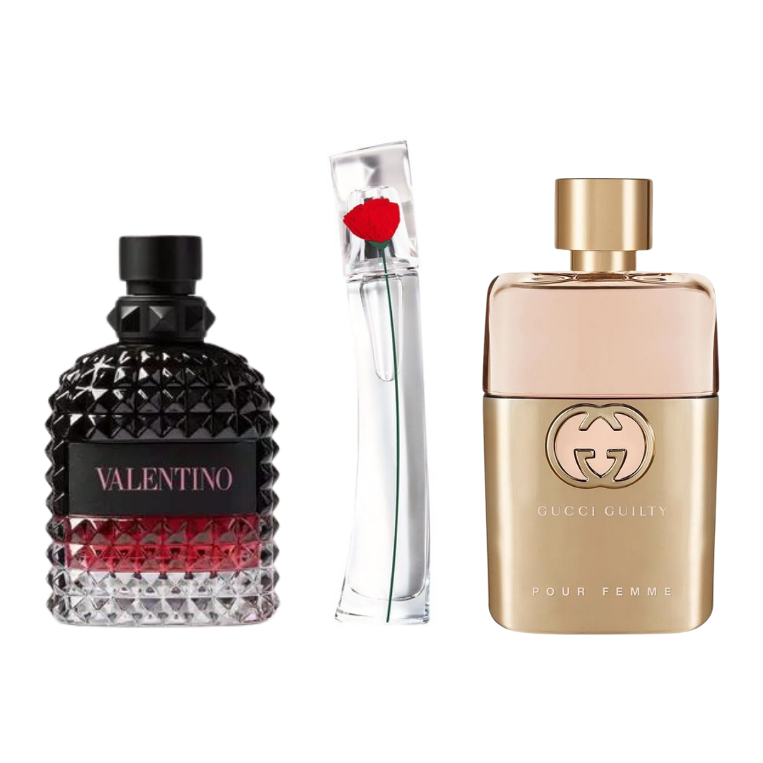 Kit 3 perfumes Gucci Guilty, Valentino Intense, Flower by Kenzo (Eau Parfum)